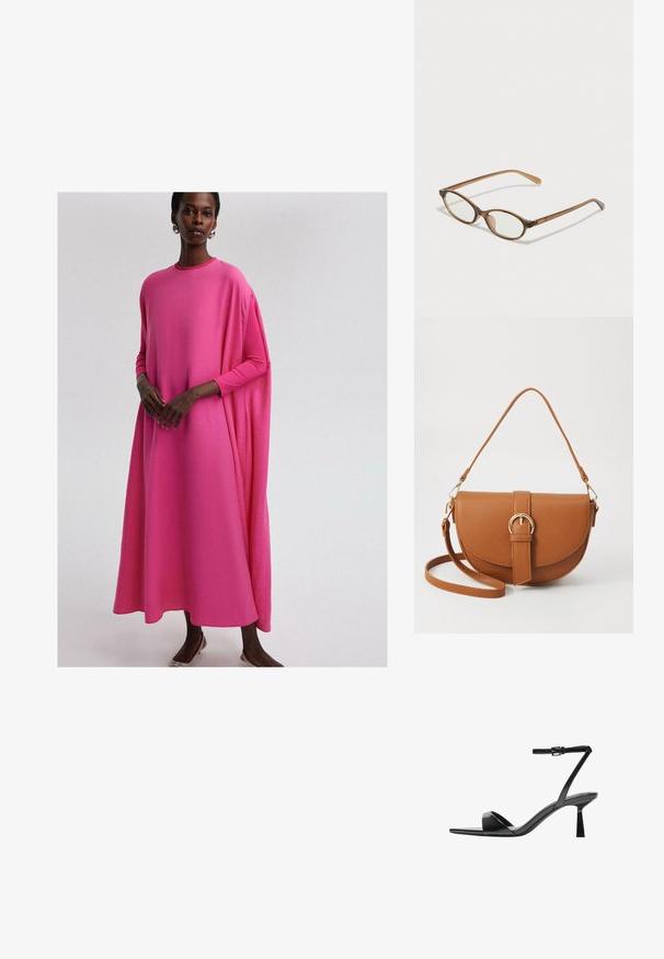 Hosszú ujjú, laza szabású ruha élénk rózsaszín anyagból. Kerek nyakkivágással és folyó siluettel rendelkezik, sima tapintású, finoman redőzött.; Bershka Magas sarkú szandálok - black; Barna teknős páncélmintás szemüveg, ovális lencsékkel, vékony szárakkal és átlátszó részletekkel. A templomon diszkrét logó található. Elegáns, könnyű dizájn.; Barna bőr keresztbody táska ívelt formával, aranyszínű fémrészekkel és csat díszítéssel. Levehető vállpánttal rendelkezik.