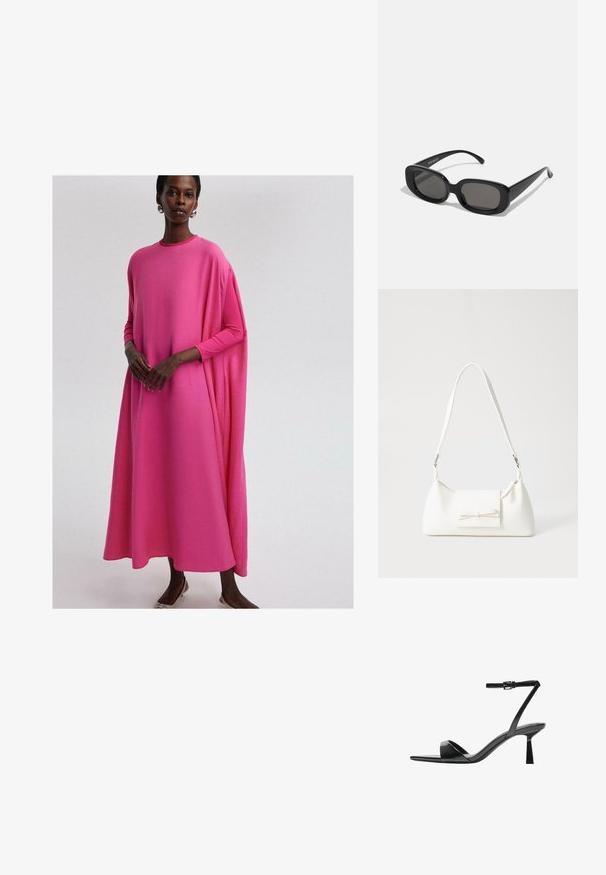 Dlhé rukávy, voľný strih šaty z jasne ružovej látky. Obsahuje zaoblený výstrih a splývavý silueta, s hladkou textúrou a jemným drapovaním.; Bershka Sandále na vysokom opätku - black; Čierne obdĺžnikové slnečné okuliare s tmavými sklami. Hrubý plastový rám, hladký povrch a zaoblené hrany. Štýlové patky sa rozširujú von.; Biela syntetická kabelka s trojuholníkovým tvarom, plochým predným klapkou a detailom mašle, nastaviteľným popruhom, hladkou textúrou a minimalistickým dizajnom.