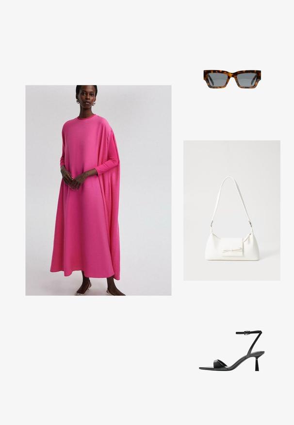 Langærmet, løstsiddende kjole i lys pink stof. Den har en rund halsudskæring og en svag silhuet med en glat tekstur og en subtil drapering.; Bershka Højhælede sandaletter / Højhælede sandaler - black; Skildpaddemønstrede solbriller med vinkelformede rammer, grå linser og en glat overflade. Har et iøjnefaldende geometrisk design og tykke stænger.; Hvid syntetisk håndtaske med en trekantet form, flad forsideklap og sløjfedetalje, justerbar strop, glat tekstur og minimalistisk design.