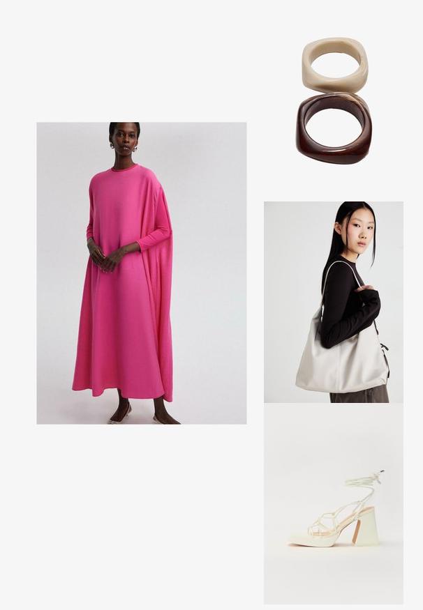 Robe à manches longues, ample, en tissu rose vif. Présente un col arrondi et une silhouette fluide, avec une texture lisse et un drapé subtil.; Sandale blanche à talons hauts avec un talon épais, présentant un design à lanières et un lien autour de la cheville. Texture lisse avec une plateforme à l'avant pour une hauteur supplémentaire.; Sac à main beige en matériau souple, avec un design décontracté, des détails cousus et deux poignées. Idéal pour un usage quotidien.; Stradivarius SET - Bracelet - dark brown