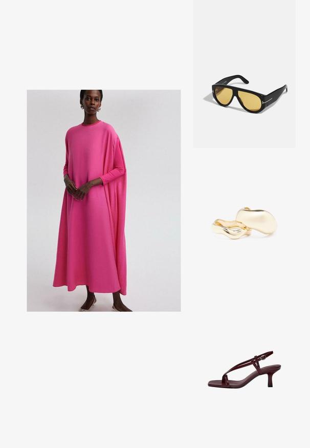 Langdurige, losvallende jurk van felle roze stof. Heeft een ronde halslijn en een vloeiende silhoutet, met een gladde textuur en subtiele draping.; Bordeaux hoge hakken sandalen met een vierkante teen, slanke banden en een gesp rond de enkel. Gladde leertextuur en een slanke, blokhak.; Zwarte zonnebril met een geometrisch montuur, gele lenzen en gouden accenten op de sleuven. Glad oppervlak, brede vorm, hedendaags ontwerp.; Gouden oorbellen met een organische, boonachtige vorm en een glad, reflecterend oppervlak; ze hebben een minimalistisch ontwerp zonder zichtbare bevestigingsmiddelen.