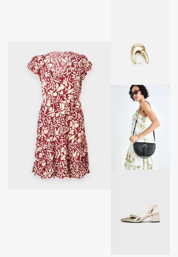 Floral-printed dress in burgundy and cream, with cap sleeves, a fitted waist, and a tiered ruffled hem. Lightweight fabric with a textured finish.; Gold, metallic slingback heels with a pointed toe and chunky heel. Smooth texture, minimalistic design, and a narrow strap.; Black leather handbag with a curved shape, detachable strap, and gold hardware. The bag features a flap with a buckle detail.; Gold-tone metal earring with a sleek, curved design. Features a distinctive pointed shape, polished surface, and hinge closure.