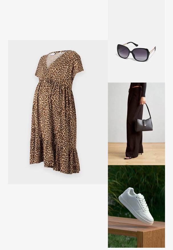 Vestido de maternidade em estampado de leopardo nas cores castanho e bege, com mangas curtas, decote em v, cintura franzida e um fecho largo com detalhe de babado.; Sapatilha branca com um cabedal sintético liso, caixa dos dedos perfurada, atacadores planos e uma sola texturizada, exposta sobre uma superfície de madeira.; Óculos de sol oversized pretos com lentes degradê, armações grossas e detalhes em corrente dourada nas hastes.; Bolsa preta com forma estruturada, textura suave e um fecho metálico. Combinada com calças largas pretas e sandálias de salto aberto sobre um chão de madeira.