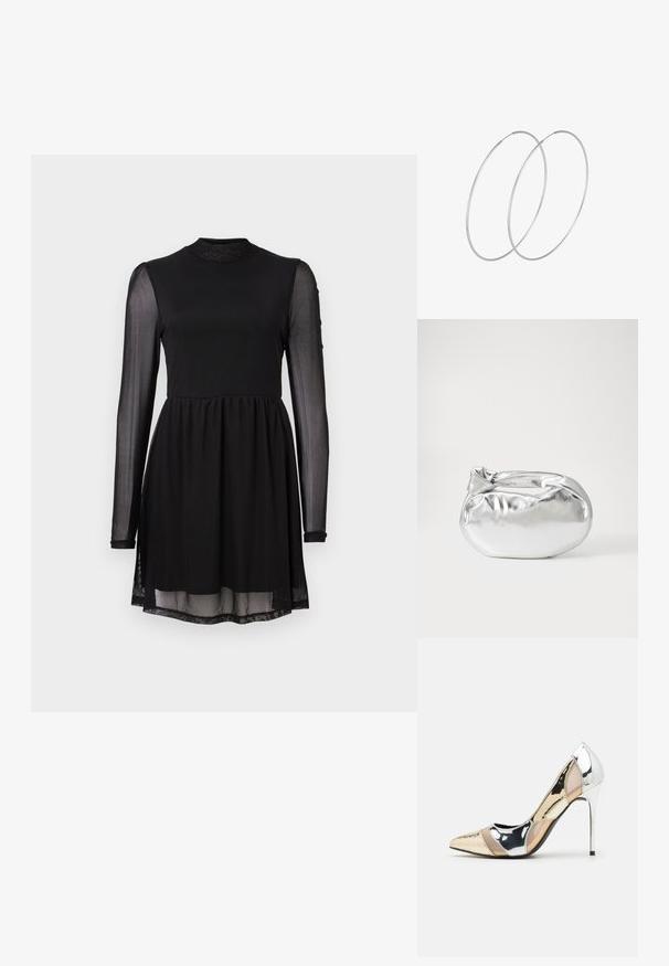 Juoda suknelė su prigludusia viršutine dalimi, ilgomis permatomomis rankovėmis ir plačia sijona. Kaklas yra aukštas, o medžiaga lygi su nedideliu blizgesiu.; Aštrus pirštas aukštakulnis batelis su sidabro, aukso ir nuogų spalvų deriniu. Blizgus paviršius su išpjovos dizainu, su stiletto kulnu.; Sidabrinė metalinė maišelio forma su švelnia, apvalia forma ir mazgu užveriamu viršumi. Pagaminta iš lygios dirbtinės odos medžiagos.; Sidabrinės pusmėnulio auskarai minimalistiniu dizainu. Apskritimo forma, lygus paviršius ir plonas profilis. Lengvi su poliruotu apdailu.
