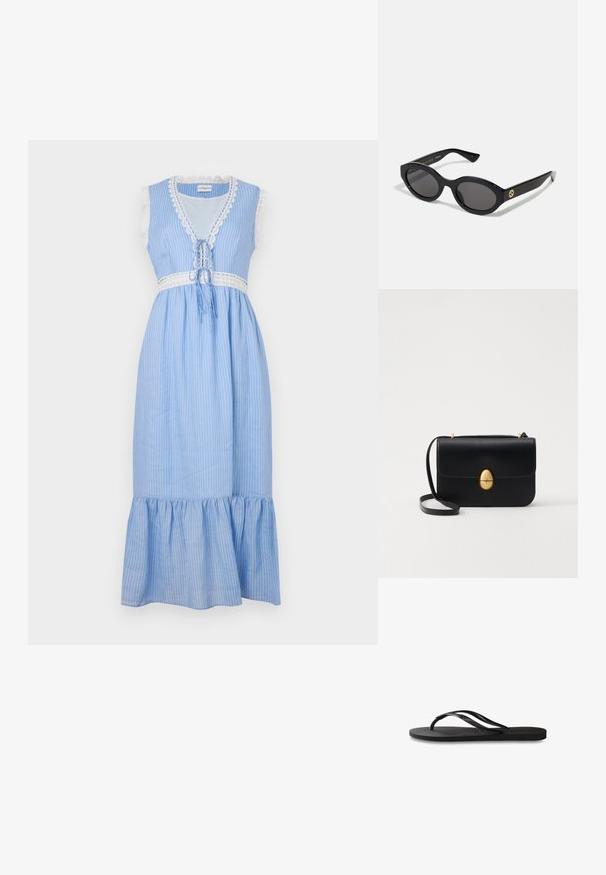 Blauw en wit gestreepte mouwloze jurk met kantafwerking, een striksluiting in de taille en een uitlopende, gerafelde zoom. Lichtgewicht stof.; Zwarte flip-flop met een gestructureerde rubberen zool, twee slanke banden en een subtiele, ingedrukte logo-detail op de band.; Zwarte ovale zonnebril met donkere glazen en een glanzend kunststof frame. Heeft een gouden logo op de poot, dat een strakke en moderne uitstraling biedt.; Zwarte leren handtas met een gestructureerde rechthoekige vorm. Voorzien van een gouden ovale sluiting en een dunne schouderband. Glad van textuur.