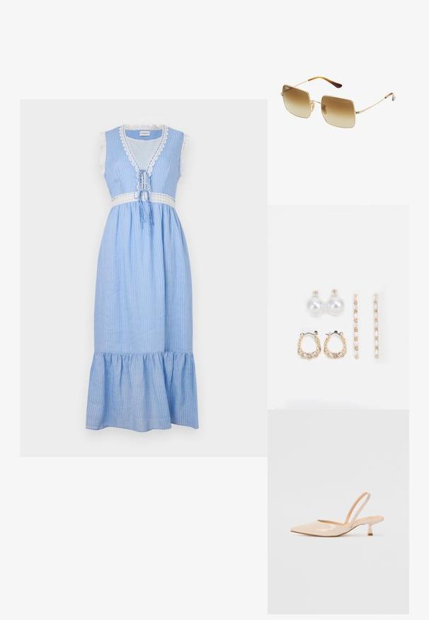 Rochie fără mâneci, cu dungi albastre și albe, decorată cu dantelă la margine, cu o închidere tip șnur la talie și un tiv evazat, cu volane. Material ușor.; Pantofi cu toc slingback din piele patent bej, cu vârf ascuțit și toc subțire, pătrat. Textură netedă și design minimalist, fără detalii decorative.; Ochelari de soare pătrați cu lentile maro cu gradient, ramă din metal auriu și accente din scoică țestoasă pe brațe.; Trei perechi de cercei: cercei cu perle albe mari, cercei tip cerc din aur cu pietre clare și două cercei lungi, drepți, din aur cu detalii strălucitoare.