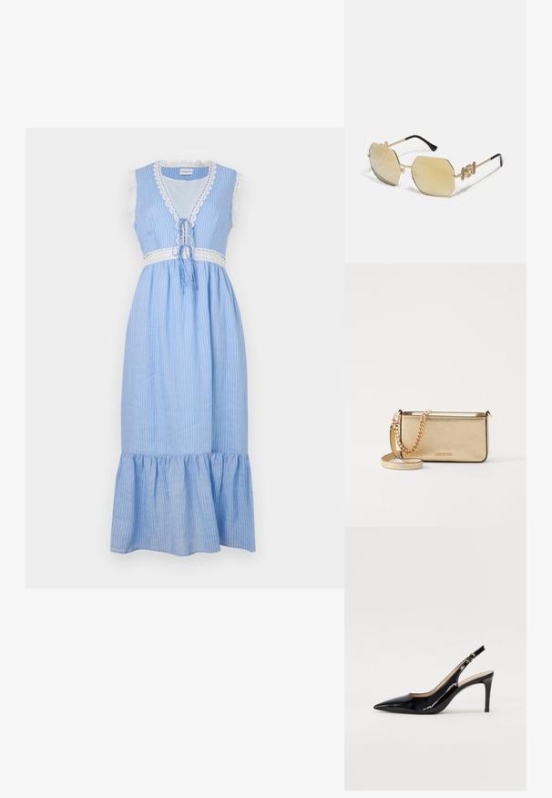 Blau-weiß gestreiftes, ärmelloses Kleid mit Spitzenbesatz, einer Bindeschleife in der Taille und einem ausgestellten, gerafften Saum. Leichter Stoff.; Schwarz lackierte Slingback-Pumps mit spitzem Zehenbereich, schlankem Absatz und einem subtilen Ausschnittdesign. Verfügt über eine goldene Schnalle am Riemen.; Versace MEDUSA BIGGIE - Sonnenbrille - gold-coloured/gold-coloured; Metallisch goldene Leder-Clutch mit strukturierter Oberfläche, ausgestattet mit einem goldenen Kettenriemen und einem abnehmbaren Schulterriemen. Markenlogo geprägt.