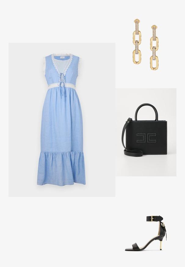 Sinivalkoinen raidallinen hihaton mekko, jossa on pitsireunus, vyön solmimiselle ja kellottava, röyhelöinen helma. Kevyt kangas.; Musta nahkainen korkokenkä, jossa on neliönmuotoinen kärki, nilkkahihna, jossa on kultainen solki, ja hoikka metallinen korko. Sileä pinta, minimalistinen muotoilu.; Elisabetta Franchi WOMEN'S BAG - Käsilaukku - nero; Kultaketju korvakorut, joissa on kirkas kristallituki, kaiverrettu "GUESS" -brändäys ja sileä pinta.