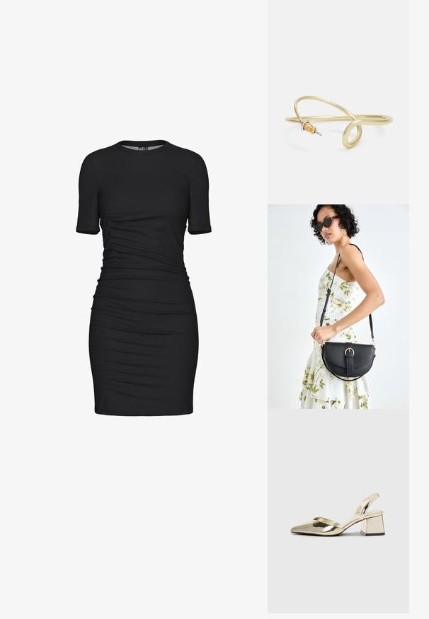 Juodas kūno formos suknele, pagaminta iš tamprios medžiagos, su trumpomis rankovėmis, apvaliu iškirpimu ir susirinkusiomis šoninėmis detalėmis, suteikiančiomis tekstūrą.; Auksiniai, metaliniai slingback aukštakulniai bateliai su smailiu pirštu ir masyviu kulnu. Lygus paviršius, minimalizmo dizainas ir siaura juostelė.; Juodas odinis krepšys su išlenkta forma, nuimamu dirželiu ir auksiniais detalėmis. Krepšys turi kilpą su sagtimi.; Auksinės spalvos metalinė apyrankė su skysčiu, kreipiančiu dizainu. Viename gale yra mažas, išsiskiriantis, sidabrinės spalvos akcentas.