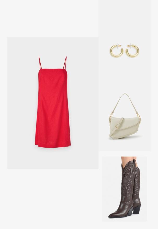 GAP MINI - Kasdienė suknelė - slipper red; Rudos odinės kaubojaus batai su smailiu priekiu ir blokuotu kulnu, pasižymintys detaliu siuvinėjimu ir iškiliais akcentais ant ašies.; Mažas kreminis rankinukas su tekstūruotu paviršiumi, ilga reguliuojama juostele, grandinėle ir užsegimu su atvartu. Aukso detalės.; Aukso auskarai su lygiu, blizgiu paviršiumi. Apvalus dizainas su maža užrakto dalimi ir skaidria atrama saugiam nešiojimui.