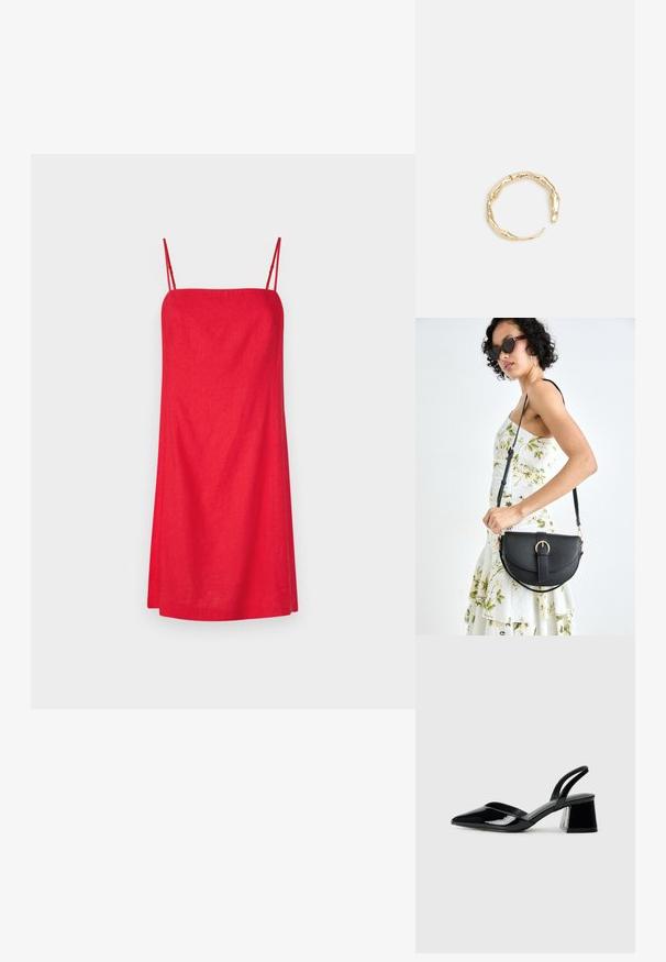 GAP MINI - Vapaa-ajan mekko - slipper red; Mustat patentoitu nahkakengät, joissa on säären takaosa ja terävä kärki, sekä geometrinen palikkakorko. Sisältää tyylikkään, minimalistisen muotoilun ja sileän pinnan.; Musta nahkainen käsilaukku, joka on kaareva muotoilultaan, irrotettavalla hihnalla ja kultaisilla yksityiskohdilla. Laukussa on läppä, jossa on solk yksityiskohta.; Kultaketju, jossa on orgaaninen, kierretty muotoilu, sileä pinta ja cappatut päät, luoden modernin, veistoksellisen ilmeen.
