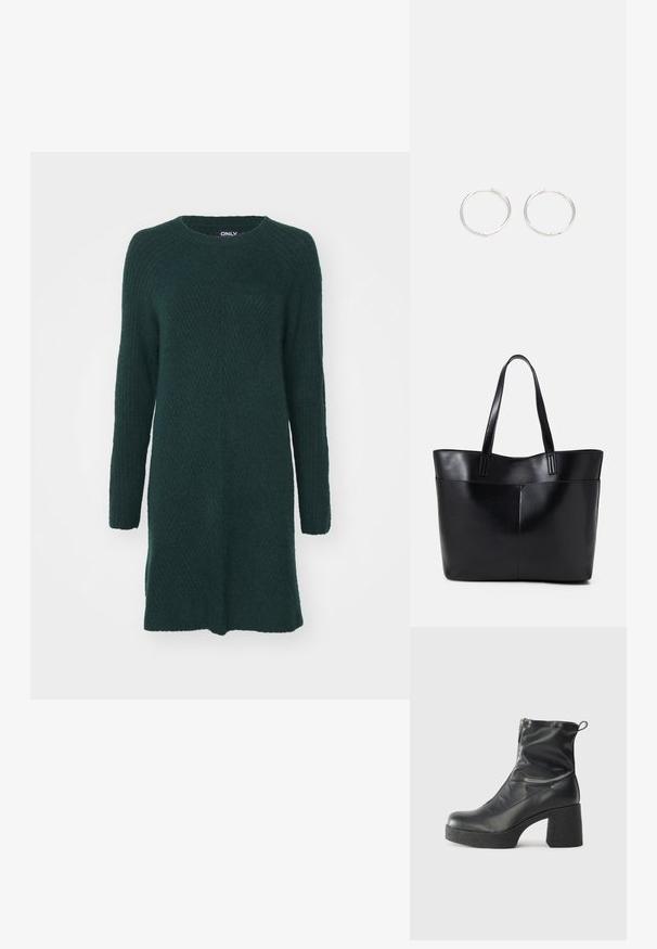 ONLY ONLCAROL LS - Pulóverruha - scarab; Fekete bokacsizmák sima bőrből, oldalsó cipzárral, vastag, texturált sarkú és lekerekített orrú dizájnnal.; Fekete bőr bevásárlótáska két hosszú fogantyúval, sima felülettel és strukturált formával. Elülső zseb található rajta a plusz tárolás érdekében.; Ezüst karika fülbevalók, letisztult, kerek formával, sima felülettel és látható díszítés nélkül. A átmérő nem megadott.