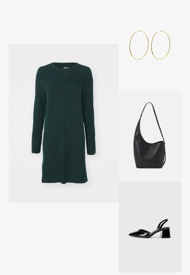 ONLY ONLCAROL LS - Stickad klänning - scarab; Svarta lackläder slingback klackar med spetsig tå och geometrisk klack. Har en elegant, minimalistisk design och slät yta.; Svart läder hobo-väska med en slät textur, kurvig form och en justerbar axelrem; har en bred öppning upptill.; Guldörhängen med en slät, rund design. Tunna och lätta, med en kontinuerlig båge utan några utsmyckningar.