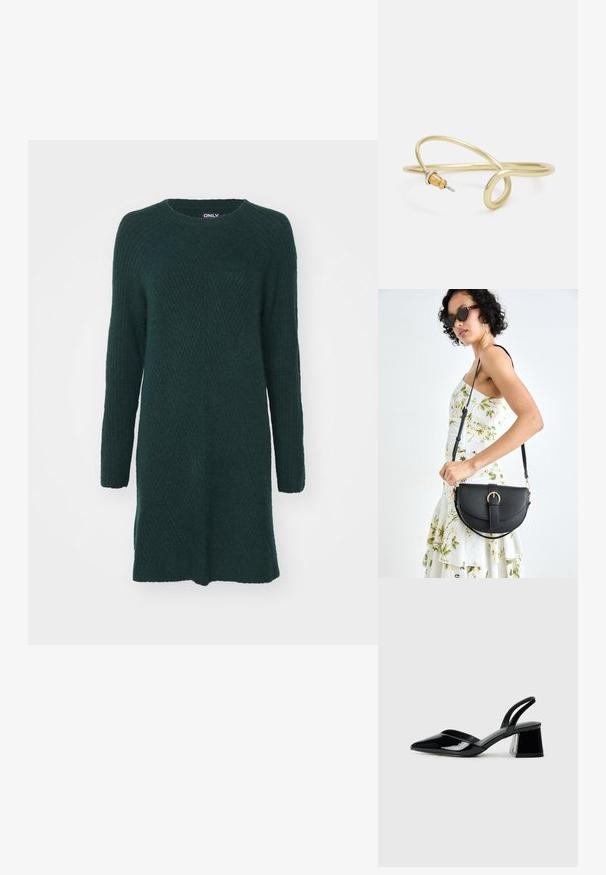 ONLY ONLCAROL LS - Strickkleid - scarab; Schwarze Lackleder-Slingback-High Heels mit spitzem Schuh und einem geometrischen Blockabsatz. Verfügt über ein schlankes, minimalistisches Design und eine glatte Textur.; Schwarze Lederhandtasche mit geschwungener Form, abnehmbarem Tragegurt und goldenen Beschlägen. Die Tasche verfügt über einen Deckel mit einer Schnallen-Details.; Goldfarbener Metallarmreif mit fließendem, geschwungenem Design. Er verfügt an einem Ende über einen kleinen, auffälligen, silberfarbenen Akzent.