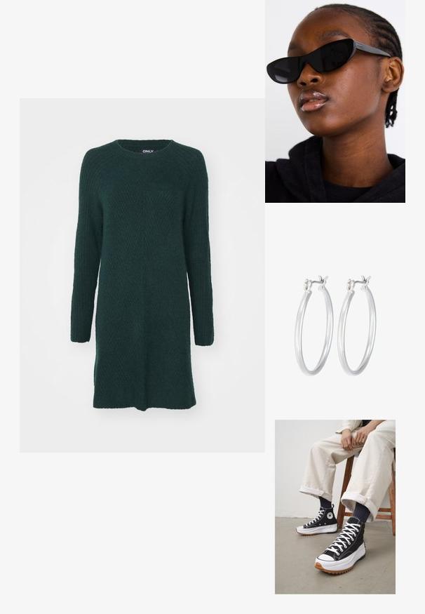 ONLY ONLCAROL LS - Pletené šaty - scarab; Černé vysoké tenisky s bílými tkaničkami a gumovým ochranným špičkou. Silná bílá podešev s texturovanou hnědou podrážkou, nošeny s námořnickými pruhovanými ponožkami.; Černé sluneční brýle ve tvaru kočičích očí s matným povrchem, které mají elegantní design a jemně zaoblené okraje, umístěny na pozadí modelova tmavého oblečení.; Stříbrné kruhové náušnice s hladkým, lesklým povrchem. Kulatý tvar a bezpečné zapínání na klip. Lehký design vhodný pro každodenní nošení.