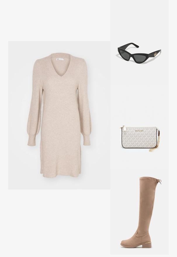 Beež värvusega kootud kleit V-kaelusega, pikkade puffy varrukatega ja soonilise tekstuuriga. Omab lisadetailidena külgsildu mugavuse tõstmiseks.; Knee-high beežist nubukist saapad ümmarguse kandaga, kumeral kontsaga ja peene kuldse aktsendiga kontsal. Sile tekstuur ja sobiv disain.; Kassionkoodiga päikeseprillid, millel on mati must plastraam, tumedad objektiivid ja kuldne logo aksent templis. Nurgaeline disain ja sile tekstuur.; Michael Korsi randmevõru beige kaetud kangast, millel on korduv MK logo muster, kuldne riistvara ja eemaldatav ahelistrap.