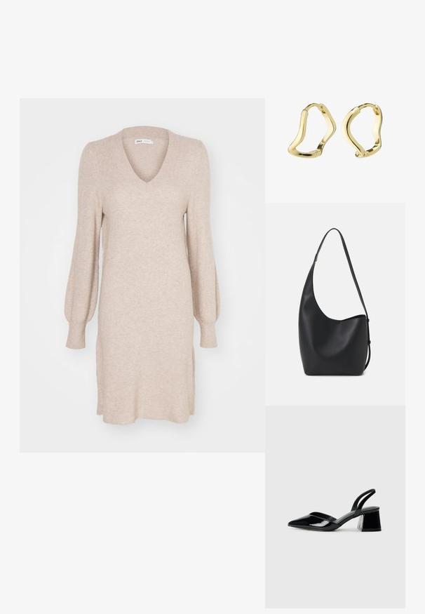 Beež värvusega kootud kleit V-kaelusega, pikkade puffy varrukatega ja soonilise tekstuuriga. Omab lisadetailidena külgsildu mugavuse tõstmiseks.; Mustad musta lakknahk kingad, millel on terav varvas ja geomeetriline plokkkonts. Omab elegantselt minimalistlikku disaini ja sujuvat tekstuuri.; Mustast nahast hobo kott, millel on sile tekstuur, kumer kuju ja üks reguleeritav rihm; peal on lai avaus.; Kuldse sõrmused voolava, lainevormilise kujundusega. Sile tekstuur, avatud kuju ja nähtamatud kinnitused. Minimalistlik ja kaasaegne välimus.