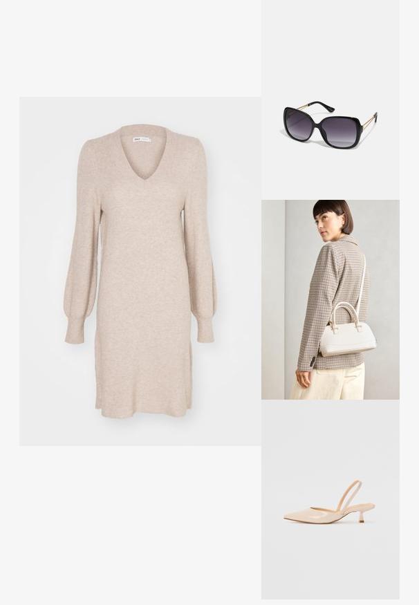 Pynimo suknelė šviesiai smėlinė, su V formos iškirpte, ilgomis pūstomis rankovėmis ir šoninėmis skverais. Minkšta tekstūra su išilginiu raštu visame paviršiuje.; Bežinės patentinės odos slingback kulniukai su smailiu priekiniu kraštu ir prašmatniu kvadratiniu kulnu. Lygus paviršius ir minimalizmo dizainas be puošmenų.; Juodos didelės saulės akinių su pereinamais objektyvais, storomis rėmeliais ir auksinės spalvos grandinėmis ant šventyklų.; Balta struktūruota rankinė su trumpomis rankenomis ir peties diržu, su auksinėmis detalėmis ir tekstūruota medžiaga, pastatyta prieš pilką foną.