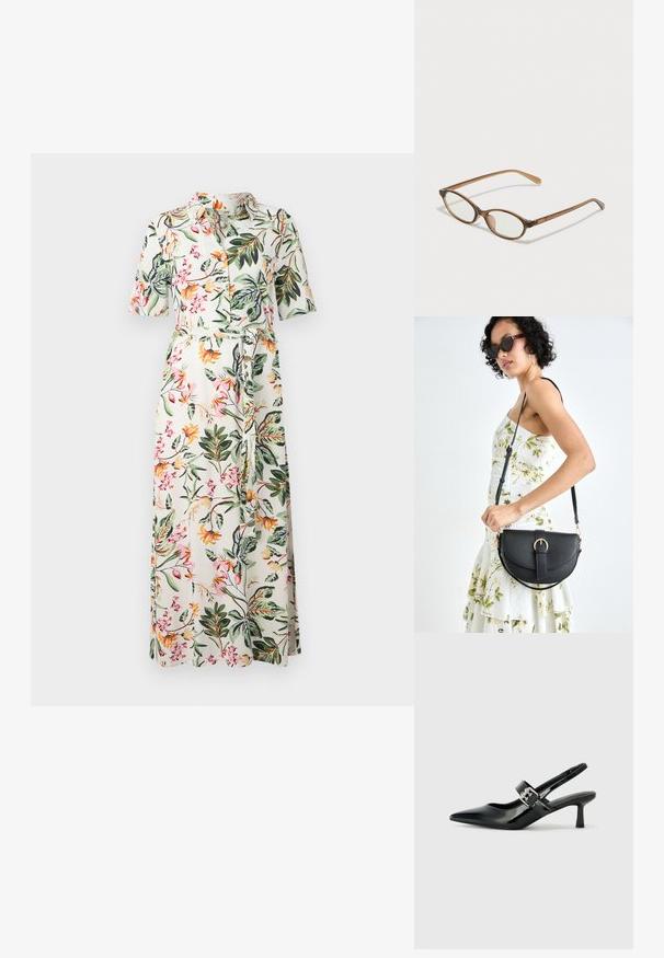 Lillelilleline midi kleit lühikeste varrukatega, nuppude ees ja vööga. Omab valget tausta koos mitmevärviliste lillede ja roheliste lehtedega.; Mustad patenteeritud nahast sildiga kontsad, millel on terav nina ja väike plokk-konts, mille rihmal on hõbedane pandla aksessuaar.; Pruunid kilpkonnaläätsed ovaalsete objektiividega, õhukesed kaared ja läbipaistvad aktsendid. Templi peal on peene logoga. Sujuv, kergesti kandmiseks mõeldud disain.; Mustmust mustraha kõverate joontega, eemaldatava rihmaga ja kuldsete detailidega. Kotil on klapp, millel on pandladetail.