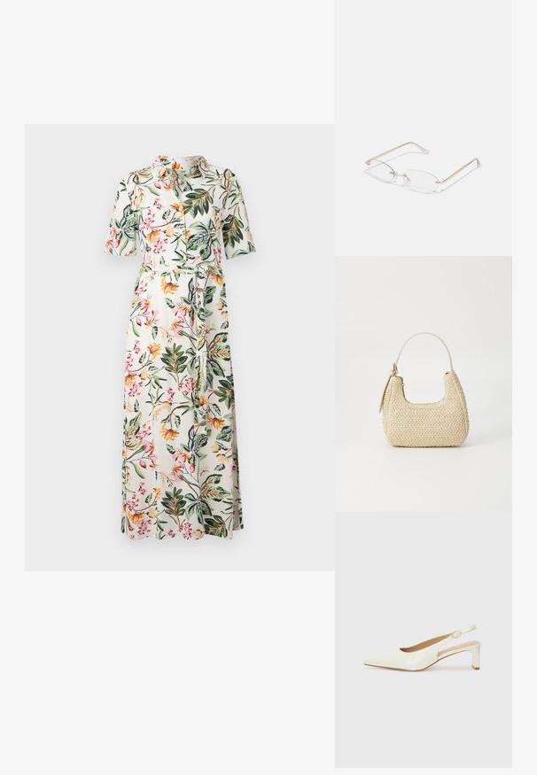 Kvetinové midi šaty s krátkymi rukávmi, gombíkovým zapínaním vpredu a opaskom v páse. Majú biely základ s rôznofarebnými kvetmi a zelenými listami.; Biele lakované lodičky na podpätku so špicatou špičkou a nízkym blokovým opätkom. Obsahujú jemný remienok s detailom zlatého tónu.; Zlaté kovové okuliare s oválnymi šošovkami, štíhlymi rámami a priehľadnými nosovými podložkami. Obsahujú jemné akcenty pántov a priehľadné šošovky.; Tkaná slamenná kabelka v béžovej farbe s oblým tvarom, krátkym uškom a bočným zipsom. Má textúrovaný povrch a minimalistický dizajn.