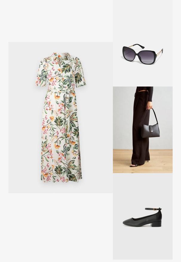 Ziedu midi kleita ar īsām piedurknēm, pogu priekšpusi un vidukļa siksnu. Raksts ar baltu fonu un daudzkrāsainiem ziediem, kā arī zaļām lapām.; Melnas ādas sūkņi ar smailu purngalu un zemu bloku papēdi. Iezīmēts ar potītes siksniņu ar zelta krāsas sprādzi. Gluda tekstūra.; Melni pārmērīgi lieli saulesbrilles ar gradāciju lēcām, biezām rāmja malām un zeltainas krāsas ķēžu detaļām uz tempļiem.; Melnā somiņa ar strukturētu formu, gludu tekstūru un metālu sprādzi. Saskaņota ar platām melnām biksēm un sandālēm ar atvērtu purngalu uz koka grīdas.