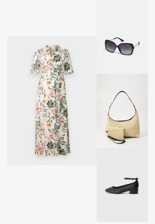 Květinové midi šaty s krátkým rukávem, knoflíkovým předním zapínáním a páskem v pase. Mají bílé pozadí s vícebarevnými květinami a zelenými listy.; Černé kožené lodičky s špičatou špičkou a nízkým blokovým podpatkem. Obsahují pásek kolem kotníku se zlatou sponou. Hladký povrch.; Černé oversized sluneční brýle se gradientními skly, silnými rámy a zlatými řetízkovými detaily na nožičkách.; Tkaná slaměná taška s zakřiveným siluetou, která má hladký černý kožený popruh a odpovídající malou taštičku připevněnou zápěstním páskem.