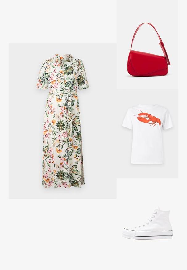 Vestido midi floral com mangas curtas, abertura frontal com botões e faixa na cintura. Apresenta um fundo branco com flores multicoloridas e folhas verdes.; Camiseta de algodão branca com um grande gráfico de lagosta vermelha brilhante na frente. Mangas curtas e design de gola redonda padrão.; Sapatilha alta de tela branca com sola de borracha preta, bico de borracha na frente e seis ilhós para os atacadores, apresentando um design limpo e minimalista.; Bolsa de mão em couro vermelho com um design angular e geométrico. Apresenta uma única alça ajustável e um fecho com aba, com detalhes cosidos.
