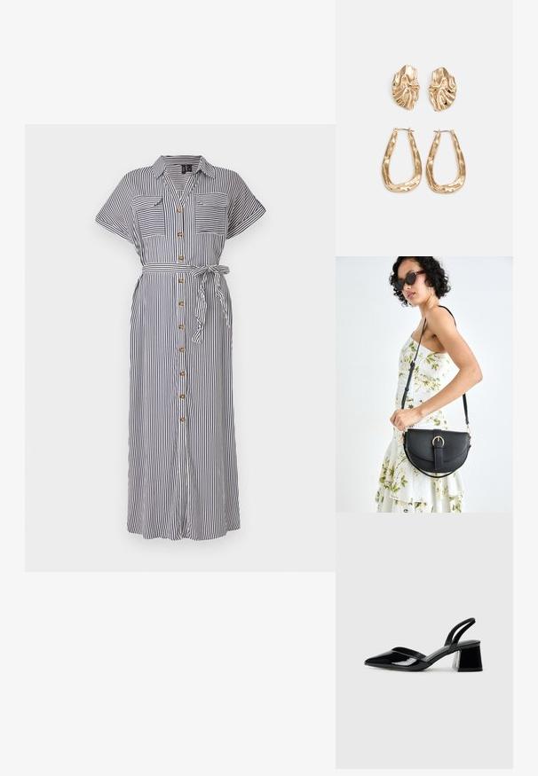 Vestido riscado, com botões, em azul marinho e branco, apresentando mangas curtas, cintura cinturada e dois bolsos no peito. Tecido estampado com uma textura suave.; Sandy em verniz preto com salto slingback, ponta afilada e salto geométrico. Apresenta um design elegante e minimalista com textura suave.; Bolsa de couro preta com forma curva, alça destacável e detalhes em dourado. A bolsa possui uma aba com detalhe de fivela.; Brincos em tom de ouro com formas onduladas e texturizadas. Inclui studs escultóricos com presilha e um design de argola aberta com um acabamento martelado.