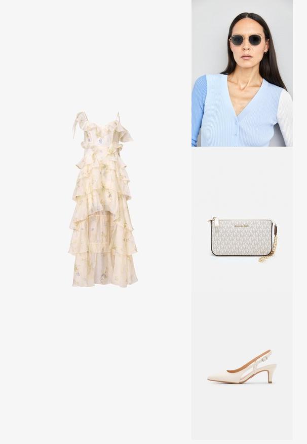 Blomstretrykt kjole med lagdelte volanger, spaghetti-stropper og høy-lav skjæring. Laget av lett, flytende stoff i myk kremfarge og pastellfarger.; Hvit slingback-hel med spiss tå, glatt overmateriale, lav blokkhelt, og cut-out-design på siden med justerbar spenne.; Runde solbriller med mørke linser og guldrammer. Modellen har en lyseblå, ribbet cardigan med knapper og kontrast hvide ærmer på.; Michael Kors håndleddsveske i beige belagt kanvas med et gjentakende MK-logo mønster, gullfarget maskinvare og en avtakbar kjede-rem.