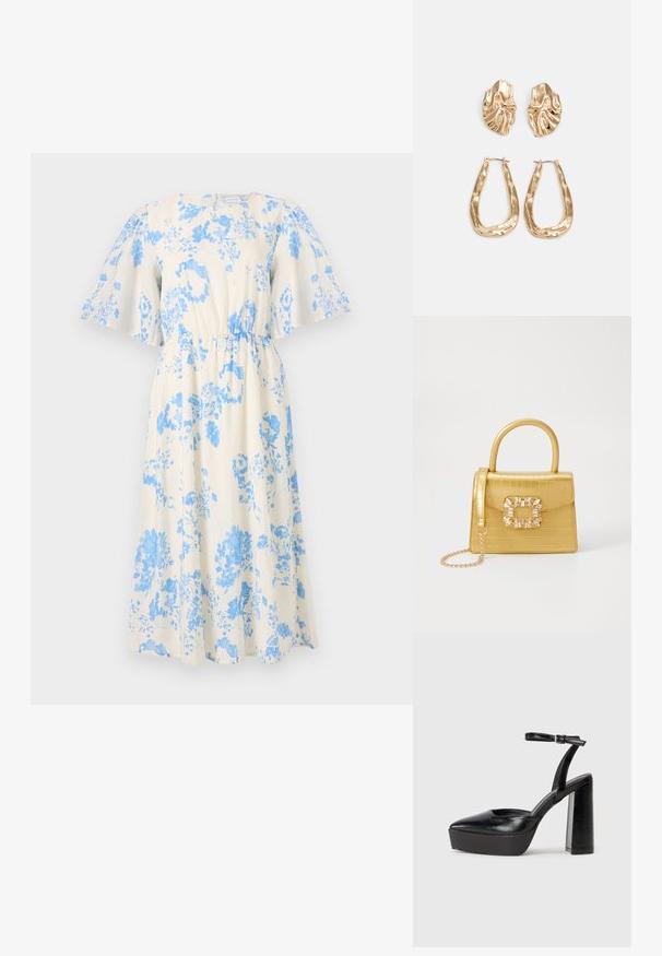 Krém színű virágmintás ruha, rövid, fodros ujjakkal, elasztikus derékrésszel és lágyan hullámzó szoknyával.; Fekete platform magassarkú cipők hegyes orral és állítható bokapánttal. Sima bőrből készült, vastag talppal.; Sárga műbőr krokodil mintás kézitáska strukturált kialakítással, felső fogantyúval, leválasztható lánccal és díszes kristály díszítéssel a záron.; Aranyszínű fülbevalók, texturált, hullámos formákkal. Tartalmazza a szobrászati klipszes studokat és az open hoop kialakítást, kalapácsos felülettel.