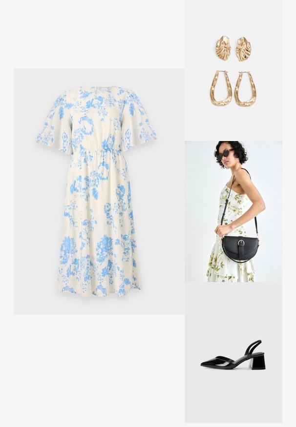 Rochie florală în crem cu modele albastre, având mâneci scurte și vaporoase, o talie elastică strânsă și un design de fustă fluidă.; Pantofi cu toc slingback din piele lacuită neagră, cu vârf ascuțit și toc geometric. Prezintă un design elegant, minimalist și o textură netedă.; Geantă din piele neagră, cu o formă curbată, curea detașabilă și accesorii aurii. Geanta are un capac cu un detaliu tip cataramă.; Cercei aurii cu forme texturate și ondulate. Include studs sculpturale cu clip și un design de cerc deschis cu un finisaj cioplit.