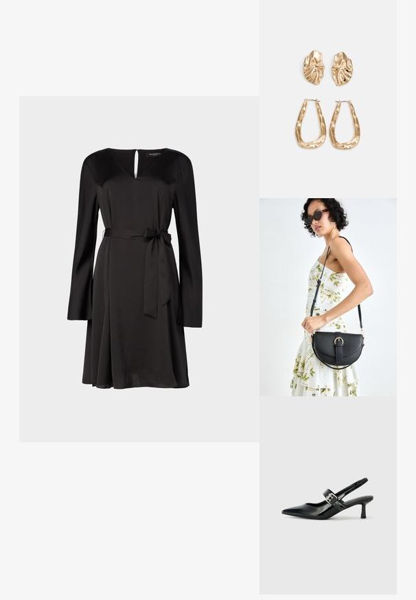 Vestido preto com mangas longas, decote em V e um detalhe em forma de lágrima. Apresenta um cinto atado na cintura e uma saia fluida. Tecido suave.; Saltos slingback em verniz preto com bico pontiagudo e um pequeno salto bloco, apresentando um detalhe de fivela prateada na tira.; Bolsa de couro preta com forma curva, alça destacável e detalhes em dourado. A bolsa possui uma aba com detalhe de fivela.; Brincos em tom de ouro com formas onduladas e texturizadas. Inclui studs escultóricos com presilha e um design de argola aberta com um acabamento martelado.