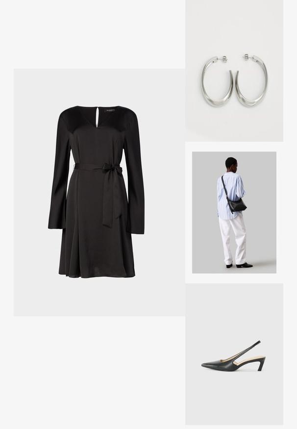 Μαύρο φόρεμα με μακριά μανίκια, V-decolletage και λεπτομέρεια σε σχήμα κλειδαρότρυπας. Διαθέτει ζώνη δέσμευσης στη μέση και δροσερή φούστα. Λείο ύφασμα.; Μαύρο παπούτσι slingback με αιχμηρή μύτη και χαμηλό τακούνι, κατασκευασμένο από λείο δέρμα με σχέδιο κοπής στη πλευρά για αερισμό.; Μαύρη δερμάτινη τσάντα ώμου με απαλή υφή, τριγωνικό σχήμα και ρυθμιζόμενο λουρί, συνδυασμένη με ένα ανοιχτό μπλε ριγέ πουκάμισο και λευκό παντελόνι.; Ασημένια σκουλαρίκια κρίκοι με μαλακή, καμπυλωτή σχεδίαση. Διαθέτουν γυαλιστερή μεταλλική υφή και κλείσιμο με σφίγγα. Χωρίς ορατά μοτίβα ή διακοσμήσεις.