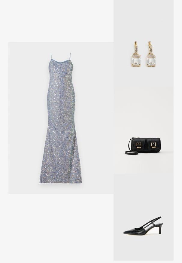 Heled sinine litritega õhtu kleit, millel on liiga mänguv vorm, õhukesed rihmad ja merineitsi värk, kus on kogu kleidi ulatuses mitmevärvilised peegeldavad aktsendid.; Mustmust paelad, millel on terav varvas, tekstuuriga maduprindiga, reguleeritav rihm ja lühike tekstuuriga plokknina.; Must küllastamata nahast õlakott, millel on kaks esist nähtavat taskut, kuldsed pandlad, tõmblukuga sulgemine ja peen rihm. Tekstuuriga pind ja kompaktne ristkülikukujuline kuju.; Kuldtooni kõrvarõngad, millel on ristkülikukujuline, selge kristall, mis ripub allapoole väikeste ümmarguste selgete aktsentide rida. Viimistletud, kaasaegne disain.