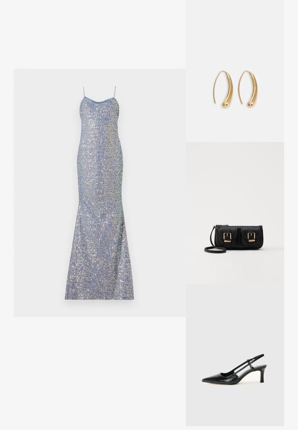 Világoskék flitteres estélyi ruha testhez simuló siluettel, vékony pántokkal és sellőfazonú szegéllyel, a ruha felületén színes tükröződő díszítésekkel.; Fekete lakk slingback sarok, hegyes orral, texturált kígyómintával, állítható pánttal és rövid, texturált tömbsarkal.; Fekete bőr keresztbody táska két elülső zsebbel, arany csattokkal, cipzáras záródással és vékony pánttal. Textúrált felület és kompakt téglalap alak.; Aranyszínű fémből készült karika fülbevalók ívelt, hosszúkás formával. Simaságával és fényes felületével, valamint lekerekített végével további részletekkel bővül.