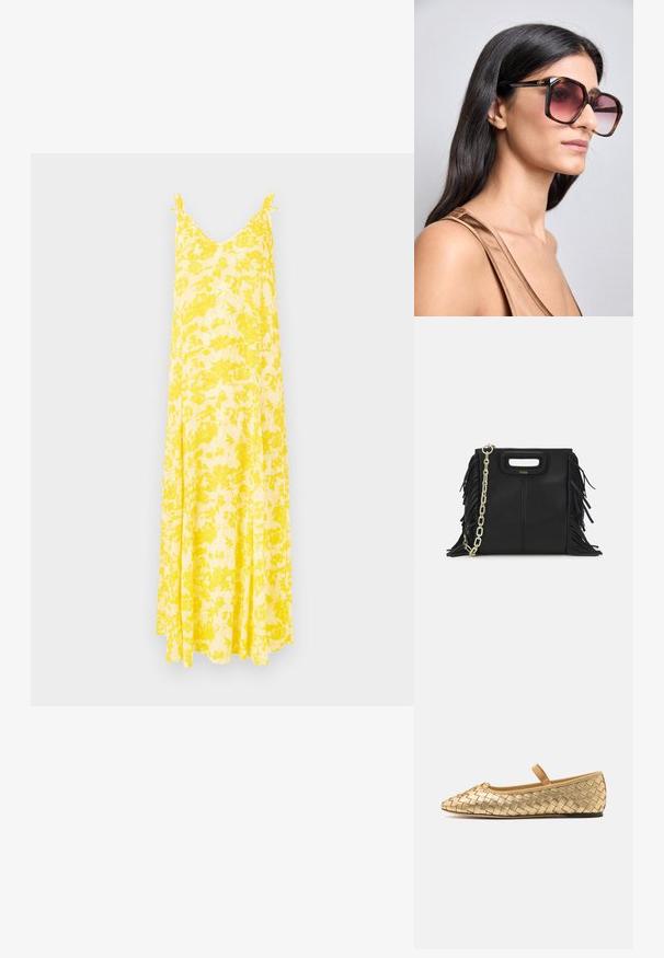 Žuta cvjetna maksi haljina s V-izrezom i tankim trakama, koja ima lepršavu siluetu i laganu tkaninu, idealna za tople dane.; Loeffler Randall LEONIE SOFT BALLET FLAT - Balerinke s trakom oko gležnja - gold; Velike kvadratne naočale sa smeškastim okvirom od smešak tortisa i gradijentnim ružičastim staklima. Imaju zlatni logo na sljepoočnici.; Crna kožna torba s resicama, zlatnim lančićem za rame i rukohvatom u obliku izreza. Sadrži logo na prednjoj strani.
