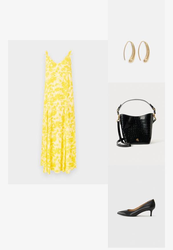 Robe maxi florale jaune avec un décolleté en V et des bretelles fines, offrant une silhouette fluide et un tissu léger, idéale pour les temps chauds.; Pompe noire en cuir avec un embout pointu, un petit talon et une texture lisse. Présente une légère ouverture à l'avant et un matériel minimal à l'arrière.; Sac en cuir noir à motif crocodile, de forme courbée, avec des accents en métal doré, une bandoulière ajustable et un détail de logo à l'avant.; Boucles d'oreilles en métal doré en forme d'anneau, avec une forme courbée et allongée. Elles présentent une surface lisse et brillante avec une pointe arrondie pour un détail supplémentaire.