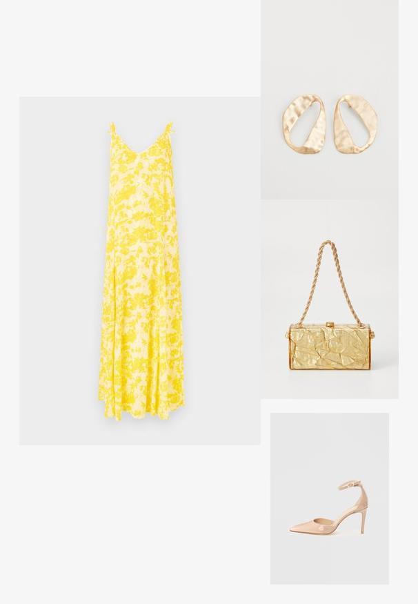 Gelbes Blumenkleid-Maxikleid mit V-Ausschnitt und dünnen Trägern, das eine fließende Silhouette und leichtes Material aufweist, ideal für warmes Wetter.; Nude Lackleder-Pumps mit spitzem Zehenbereich, einem Knöchelriemen und einem Stiletto-Absatz, die eine glatte Textur und ein minimalistisches Design aufweisen.; Goldene Handtasche mit zerknitterter Textur in rechteckiger Form, versehen mit einer Kette als Tragriemen und einem Verschluss oben. Glatte, glänzende Oberfläche.; Ein Paar unregelmäßige, oval geformte Ohrringe aus goldfarbenem Metall mit einer strukturierten, leicht gehämmerten Oberfläche auf weißem Hintergrund.