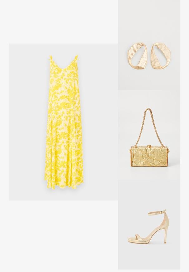 Robe maxi florale jaune avec un décolleté en V et des bretelles fines, offrant une silhouette fluide et un tissu léger, idéale pour les temps chauds.; Sandale à talons hauts en métal doré avec un bout ouvert, une bride à la cheville avec une boucle, et une semelle plate-forme pour plus de hauteur. Texture lisse.; Sac à main en or avec une texture froissée, de forme rectangulaire, doté d'une chaîne en bandoulière et d'une fermeture à clapet sur le dessus. Fini lisse et brillant.; Une paire de boucles d'oreilles en métal doré, de forme ovales irrégulières, avec une surface texturée et légèrement martelée sur fond blanc.