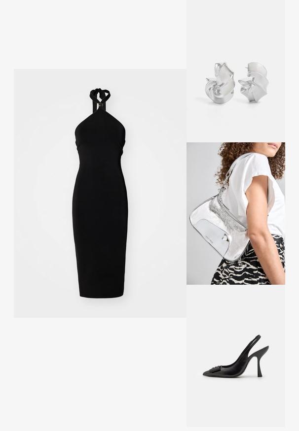 Μαύρο φόρεμα με λαιμόκοψη halter και εφαρμοστή σιλουέτα, φτιαγμένο από λείο ύφασμα. Διαθέτει twisted neck tie και μινιμαλιστικό σχέδιο.; Μαύρο δερμάτινο παπούτσι slingback με μυτερή μύτη, λεπτό ψηλοτάκουνo και διακοσμητική λωρίδα. Λείος υφής και κομψός σχεδιασμός.; Ασημί μεταλλική τσάντα ώμου με λεία υφή, καμπύλο σχέδιο, αλυσίδα για ιμάντα και γυαλιστερό εμπρόσθιο πάνελ με διακριτική χαραγμένη λογότυπο.; Ασημένια σκουλαρίκια με ρευστό, σπειροειδές σχέδιο. Λείο υφή με γυαλιστερό φινίρισμα. Διαθέτουν μια διακριτική γυαλάδα και χωρίς ορατά διακοσμητικά στοιχεία.