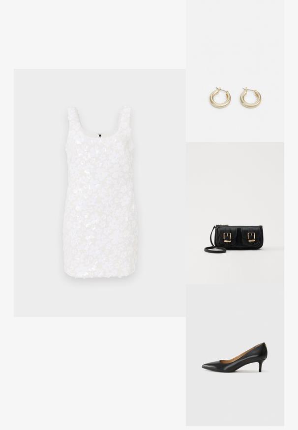 Bijela cvjetna haljina sa šupljim materijalom, okruglim izrezom i bez rukava. Kratka dužina s diskretnim zatvaračem na stražnjoj strani.; Crne kožne cipele s uskim vrhom, niskom petom i glatkom teksturom. Imaju blago otvaranje sprijeda i minimalne metalne detalje straga.; Crna kožna torba preko ramena s dva prednja džepa, zlatnim kopčama, zatvaranjem na zip i uskim remenom. Teksturirana površina i kompaktan pravokutan oblik.; Lauren Ralph Lauren BASIC SMALL HOOP - Naušnice - gold-coloured