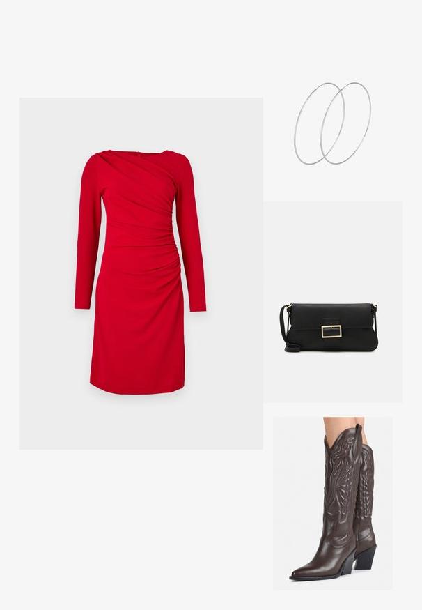 Raudona, ilgomis rankovėmis suknelė su drapiruotu dizainu, turinti raukšlėtą detalę šone ir paslėptą užtrauktuką nugaroje. Lygios medžiagos, iki kelių ilgio.; Rudos odinės kaubojaus batai su smailiu priekiu ir blokuotu kulnu, pasižymintys detaliu siuvinėjimu ir iškiliais akcentais ant ašies.; Juodas odinis dėkliukas su atvarteliu ir auksinės metalinės sagties detalėmis. Įeina juodas diržas ir elegantiškas, minimalistinis dizainas.; Sidabrinės pusmėnulio auskarai minimalistiniu dizainu. Apskritimo forma, lygus paviršius ir plonas profilis. Lengvi su poliruotu apdailu.
