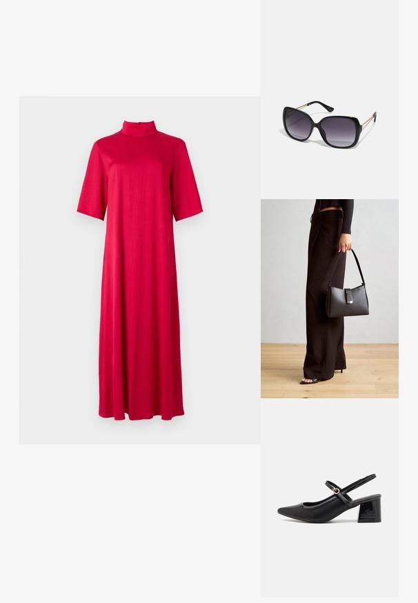 Robe rouge, longueur genou, avec un col haut et des manches courtes. Fabriquée en tissu lisse et léger avec une silhouette ample et fluide.; Escarpins slingback en cuir verni noir avec un embout pointu, un design à découpes arrondies et un talon carré. Présente un accent de boucle en ton doré.; Lunettes de soleil noires surdimensionnées avec des verres dégradés, monture épaisse et détails en chaîne dorée sur les branches.; Sac à main noir à la forme structurée, texture lisse et fermoir métallique. Associé à un pantalon noir ample et des sandales ouvertes sur un sol en bois.