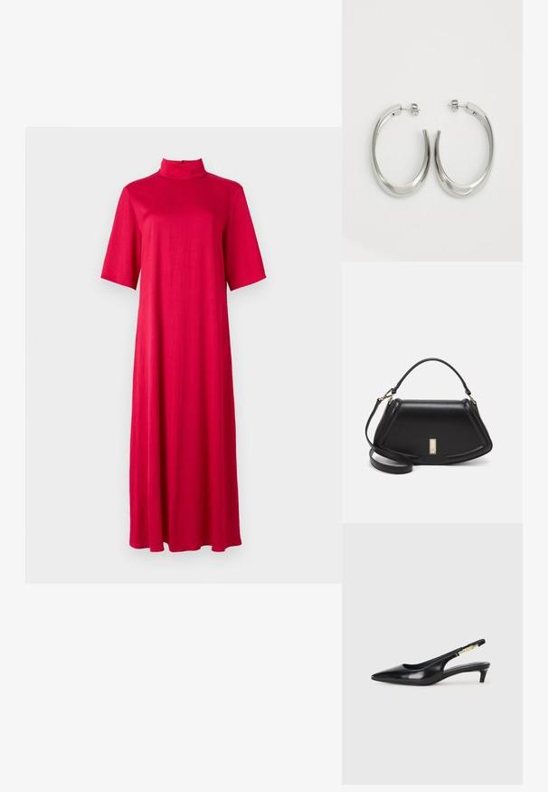 Rotes, knielanges Kleid mit hohem Kragen und kurzen Ärmeln. Hergestellt aus einem glatten, leichten Stoff mit einer lockeren, fließenden Silhouette.; Schwarze Leder-Slingback-Pumps mit spitzem Schuhblatt, ausgestattet mit einem schlanken Absatz und einem goldfarbigen Akzent am verstellbaren Riemen. Glatte Textur.; Schwarze Lederhandtasche mit einem strukturierten Design, das eine verkürzte Form, einen oberen Griff und goldfarbene Hardware-Details aufweist. Verstellbarer Schulterriemen ist enthalten.; Silberne Creolen mit einem glatten, geschwungenen Design. Mit einem glänzenden metallischen Finish und Steckverschluss. Keine sichtbaren Muster oder Akzente.