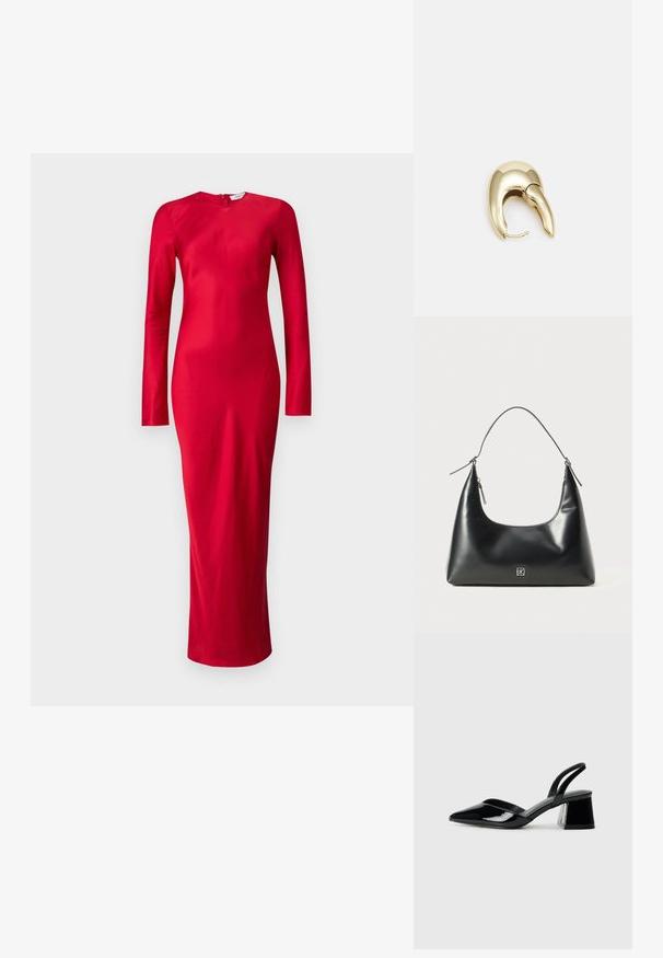 Rdeča obleka z dolgimi rokavi in prilegajočim krojem, izdelana iz gladkega materiala. Ima okrogel izrez in zadrgo na hrbtni strani.; Črne lakirane slingback pete s koničastim nosom in geometrijsko blokasto peto. Imajo eleganten, minimalističen dizajn in gladko teksturo.; Črna gladka usnjena torbica za rame s ukrivljenim vrhom, enim trakom, zadrgo in majhnim srebrnim logotipom na sprednji sredini.; Uhane nakit iz zlatastega tona z gladko, ukrivljeno zasnovo. Ima edinstveno koničasto obliko, polirano površino in zaponko s tečajem.