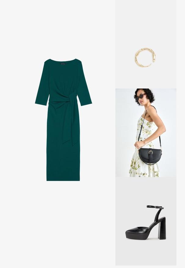 Turkio ilgos rankovės suapvalinto iškirpimo suknelė, su susiraukusiu liemeniu ir surištos diržo detalėmis. Pagaminta iš lygios, elastingos medžiagos.; Juodi platforminiai aukšti kulniukai su smailiu kojų pirštu ir reguliuojamu kulkšnies dirželiu. Pagaminti iš lygaus odos, turi masyvų blokinį kulną.; Juodas odinis krepšys su išlenkta forma, nuimamu dirželiu ir auksiniais detalėmis. Krepšys turi kilpą su sagtimi.; Auksinės spalvos žiedas, turintis organišką, sukimosi dizainą su lygiu paviršiumi ir siaurėjančiais galais, sukuriantis modernią skulptūrinę išvaizdą.