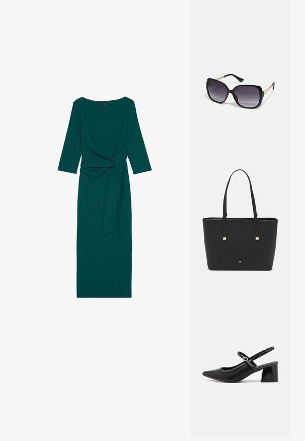 Tkany, długi rękaw, sukienka w kolorze teal z okrągłym dekoltem, marszczoną talią i wiązanym paskiem. Wykonana z gładkiego, rozciągliwego materiału.; Czarne lakierowane czółenka na słupku ze spiczastym noskiem, lekko zaokrąglonym wycięciem i obcasem w kształcie bloku. Posiadają złotą klamrę jako akcent dekoracyjny.; Czarne oversize okulary przeciwsłoneczne z gradientowymi soczewkami, grubymi oprawkami i złotym łańcuszkiem na ramionach.; Czarna torba typu tote wykonana z materiału syntetycznego, z prostym prostokątnym wzorem, złotymi kwadratowymi akcentami i podwójnymi uchwytami.