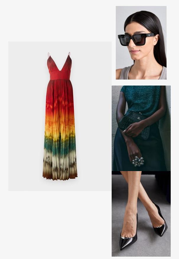 Maxi ruha mély V-nyakkivágással, redők részletezéssel. Színátmenet pirosról narancssárgára, a szegély felé zöldre és barnára váltva. Állítható pántokkal.; Fekete bőrből készült magassarkú cipők, hegyes orral és nyitott kialakítással, dísz ezüst kiegészítővel. Simává polírozott textúrával.; Fekete, túlméretezett napszemüveg négyzet alakú kerettel, sötét lencsékkel és finom szárnyslogo részlettel a szárnál. Oldalain texturált díszítésekkel.; Fekete krokodilbőr mintázatú válltáska ezüst hardware-rel, egy texturált szürke háttér előtt tartva. Fényes felülettel rendelkezik.