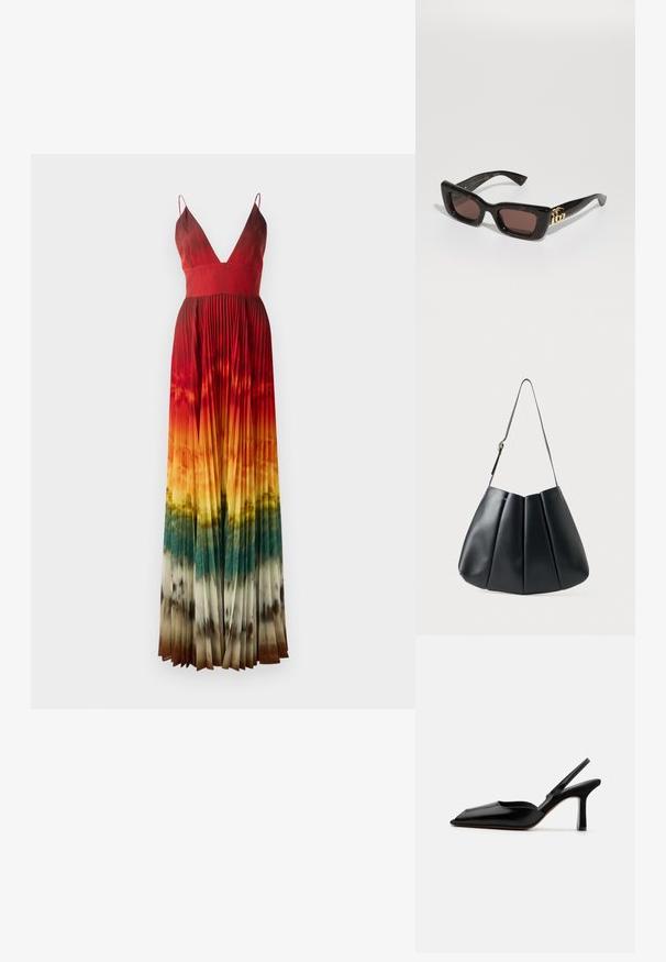 Maxi suknelė su giliu V formos iškirpimu, su klostėmis. Spalvų perėjimas nuo raudonos iki oranžinės, pereinantis į žalią ir rudą apačioje. Reguliuojamos petnešėlės.; Juodas odinis slingback kulnas su smailiu nosiu, minimalizmo stilius, plonas kulkšnies dirželis ir elegantiškas stiletto kulnas. Lygus paviršius.; Juodos tortoise tipo saulės akinius su stačiakampiais objektyvais, rudos spalvos tonu, storesniu rėmu ir auksine dviguba G logo detale ant šventyklos.; Juodas odinis peties krepšys su raukšlėtu dizainu, lygia tekstūra, viena juosta ir subtiliu auksiniu akcentu.; Auksinės tonacijos auskarai su mėnulio forma, lygus paviršius ir sklendės uždarymas. Lygus tekstūra ir atspindintis finis padidina matomumą.