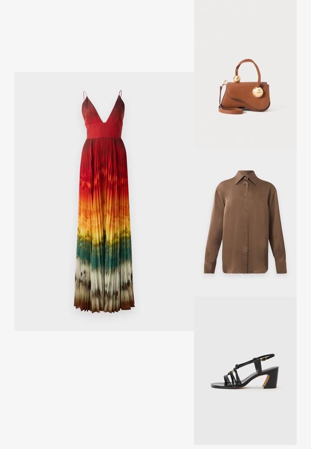 Maxi kleit sügava V-kaelusega, plekkidega. Värvigradiendiga punasest oranžiks, muundudes roheliseks ja pruuniks allääres. Reguleeritavad rihmad.; Pruun pikkade varrukatega nööbitav särk terava krae ja mansettidega, esitatud lihtsa valge tausta ees.; Paul Smith AMIRA - Klassikalised kontsakingad - black; Pruun nahast käekott lainekujulise disainiga, millel on kaks ümmargust kuldset aksessuaari ja eemaldatav õlavarre rihm mitmekesiste kandmisvõimaluste jaoks.